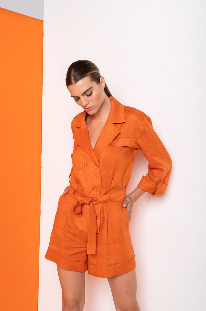 ASOS DESIGN linen look shirred puff sleeve jumpsuit in orange | ASOS