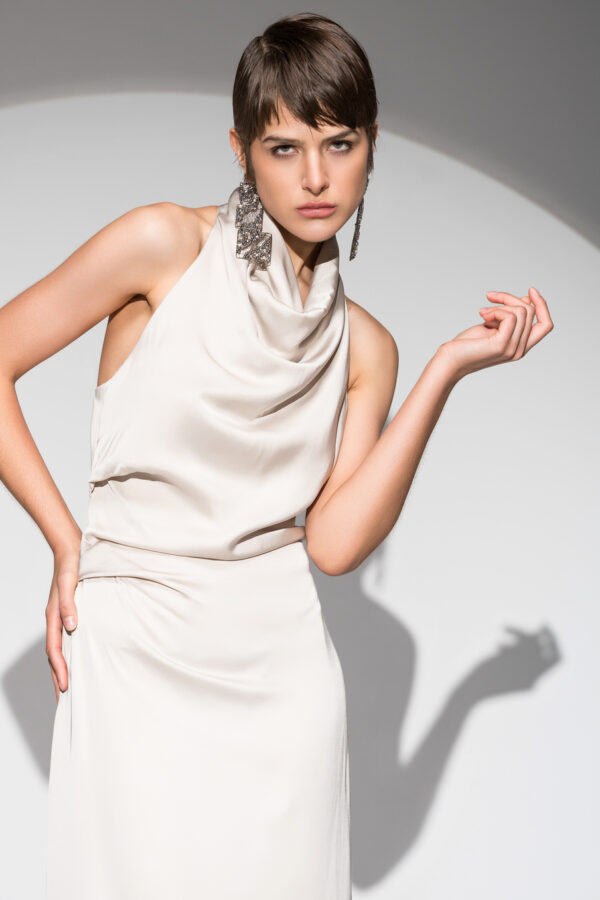 the maxi backless draped dress
